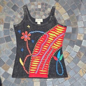 Hand-Embroidered Black Tank Top with Vibrant Red & Multicolor Accents